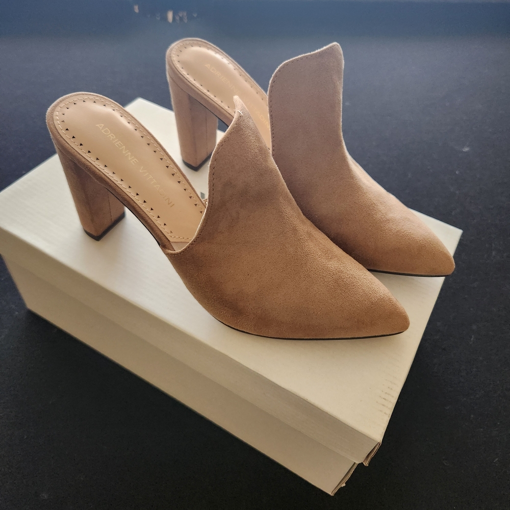 Adrienne Vittadini Tan Mules with Chunky Heel